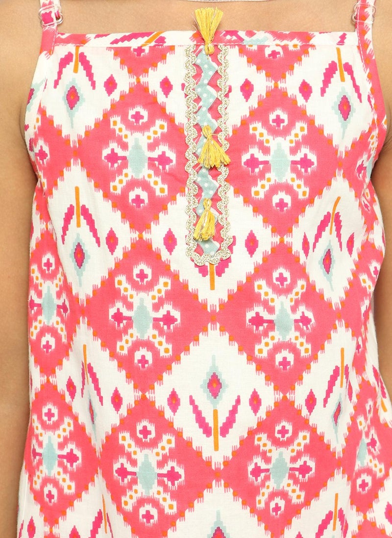 Nautinati Girls' 100% Cotton All-over Print Kurti With Dhoti Pants & Net Dupatta - Image 5